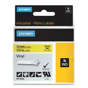 DYMO Corporation 18432 Industrial Rhino  Vinyl Label Cartridge, 1/2 in W x 18 ft L, Black Print on Yellow Background - pack of 25