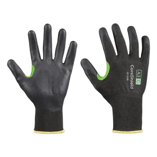CoreShield A3/C Coated Cut Resistant Gloves, 9/L, HPPE/Basalt Black Liner, Nitrile Micro-Foam Black Coating, 18 ga Black; Green Color Coding - 2 per pack x 10 packs CoreShield A3/C Coated Cut Resistant Gloves, 9/L, HPPE/Basalt Black Liner, Nitrile Micro-Foam Black Coating, 18 ga Black; Green Color Coding - 2 per pack x 10 packs