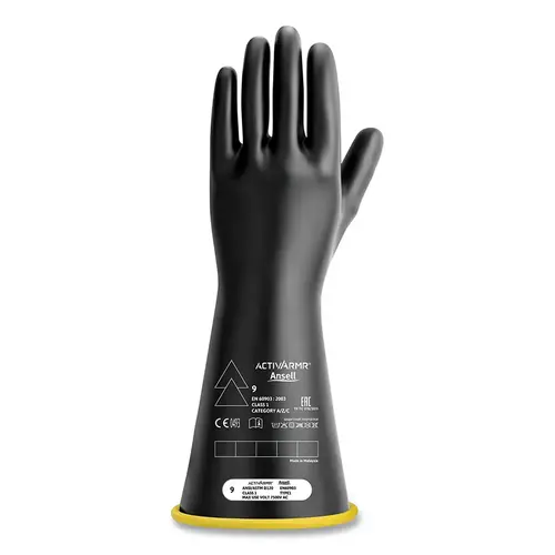 RIG Electrical Insulating Gloves, 14 in L, Class 1, Size 12, Black and Yellow Pair