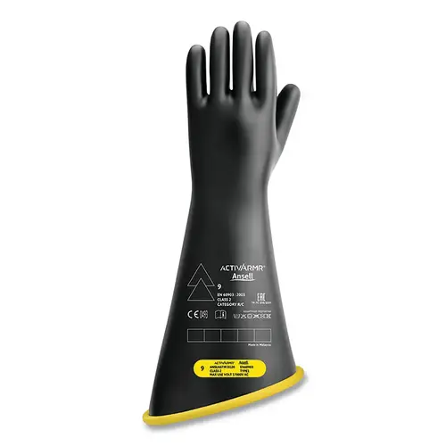 RIG Electrical Insulating Gloves, 18 in L, Class 2, Size 10, Black/Yellow, Contour Cuff Pair