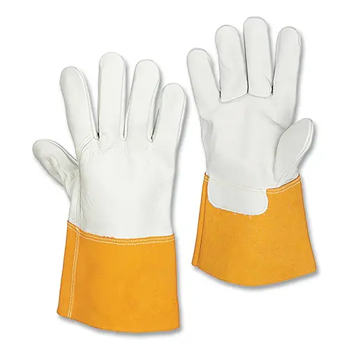 MIG Welding Gloves, 1355, Top Gr Cowhide (B) Palm/BOH/Split CH (B) Cuff, Med, Pearl/Bourbon Brn, 4 in Str Cuff