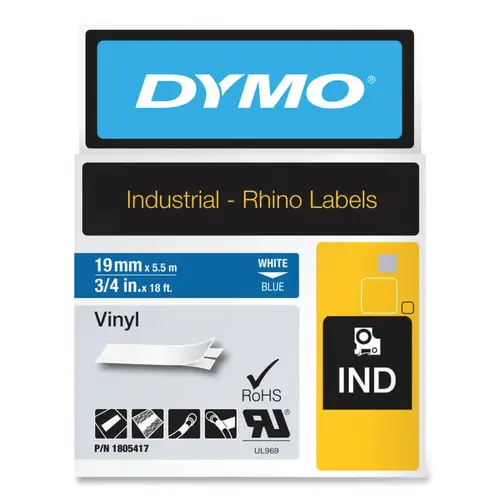 Industrial Rhino Vinyl Label Cartridge, 3/4 in W x 18 ft L, White Print on Blue Background Industrial Rhino Vinyl Label Cartridge, 3/4 in W x 18 ft L, White Print on Blue Background