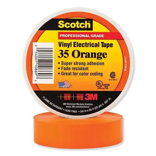 Vinyl Electrical Color Coding Tape, 35, 3/4 in W x 66 ft L, Orange Vinyl Electrical Color Coding Tape, 35, 3/4 in W x 66 ft L, Orange