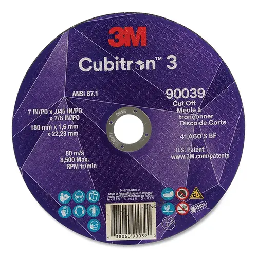 Cubitron 3 Cut-Off Wheel, 7 in dia x 0.09 in Thick x 7/8 in Arbor, 60+ Grit, T1 - pack of 25 Cubitron 3 Cut-Off Wheel, 7 in dia x 0.09 in Thick x 7/8 in Arbor, 60+ Grit, T1 - pack of 25
