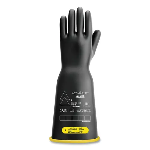 RIG Electrical Insulating Gloves, 16 in L, Class 2, Size 9, Black/Yellow, Bell Cuff Pair