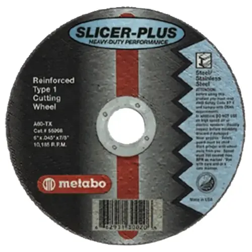 Slicer Plus High Performance Cutting Wheel, 6 in dia, 0.045 in Thick, 7/8 in Arbor, Type 1, 60 Grit Black Slicer Plus High Performance Cutting Wheel, 6 in dia, 0.045 in Thick, 7/8 in Arbor, Type 1, 60 Grit Black