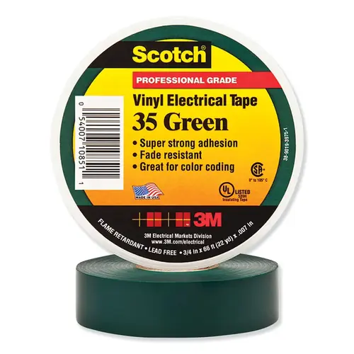 Vinyl Electrical Color Coding Tape, 35, 1/2 in W x 20 ft L, Green Vinyl Electrical Color Coding Tape, 35, 1/2 in W x 20 ft L, Green