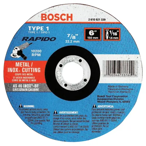 Thin Cutting/Rapido Type 1A (ISO 41) Wheels, 6 X 1/16, 7/8 in Arbor, AS60INOX-BF - pack of 25 Thin Cutting/Rapido Type 1A (ISO 41) Wheels, 6 X 1/16, 7/8 in Arbor, AS60INOX-BF - pack of 25