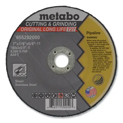 Type 27 Pipeline Grinding/Notching/Cutting Wheel, 7 in dia x 5/8 in-11 Arbor x 1/8 in Thick, A24T - pack of 10 Type 27 Pipeline Grinding/Notching/Cutting Wheel, 7 in dia x 5/8 in-11 Arbor x 1/8 in Thick, A24T - pack of 10