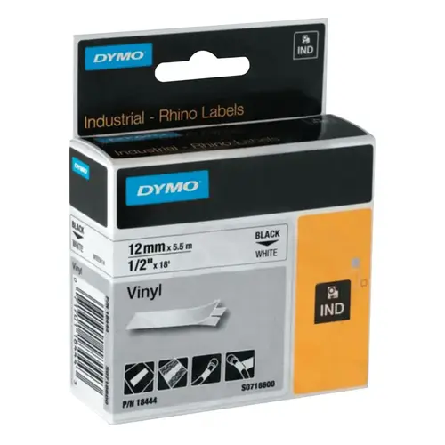 Industrial Rhino Vinyl Label Cartridge, 1/2 in W x 18 ft L, Black Print on White Background - pack of 5 Industrial Rhino Vinyl Label Cartridge, 1/2 in W x 18 ft L, Black Print on White Background - pack of 5