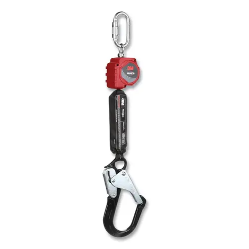 PROTECTA  Personal Self Retracting Lifeline, 6 ft, Web, Carabiner Top Connector, Al Rebar Snap Hook, 310 lb, Single Leg Red