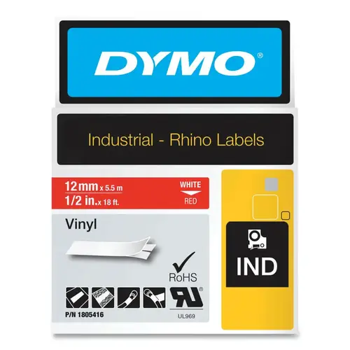 Industrial Rhino Vinyl Label Cartridge, 1/2 in W x 18 ft L, White Print on Red Background - pack of 5 Industrial Rhino Vinyl Label Cartridge, 1/2 in W x 18 ft L, White Print on Red Background - pack of 5