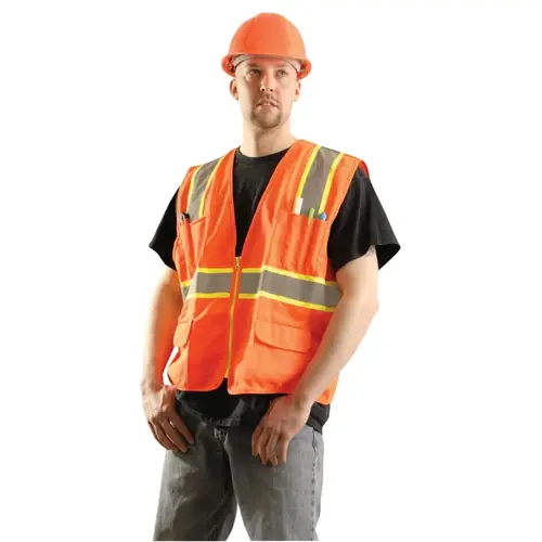 Class 2 Surveyor Style Solid Vests with 2-Tone Striping, Large, Hi-Viz Orange Class 2 Surveyor Style Solid Vests with 2-Tone Striping, Large, Hi-Viz Orange