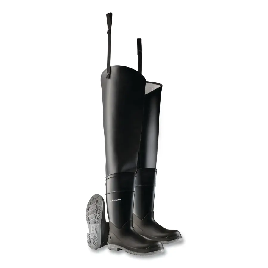 Dunlop Hip Waders Plain Toe Steel Shank Mens 7 32 in Inseam Polyblend/PVC Black Pair 8605500.07 Dunlop Hip Waders Plain Toe Steel Shank Mens 7 32 in Inseam Polyblend/PVC Black Pair 8605500.07