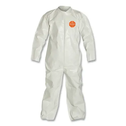 Tychem  4000 Coverall, Bound Seams, Collar, Open Wrists and Anckles, Zipper Front, Storm Flap, White, Large - pack of 12