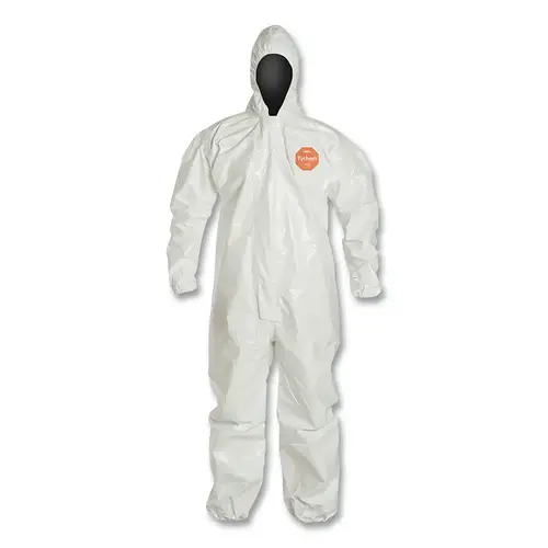 Tychem  4000 Coverall,Taped Seams, Attached Hood, Elastic Wrists and Ankles, Zipper Front, Storm Flap, White, 3X-Large - pack of 6