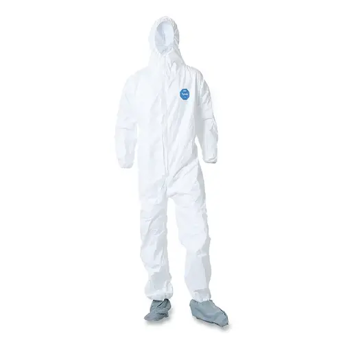 Tyvek  400 Coverall, Serged Seams,Attached Hood, Boots, Elastic Waist/Wrist/Ankles, Front Zipper, Storm Flap, White, Medium - pack of 25