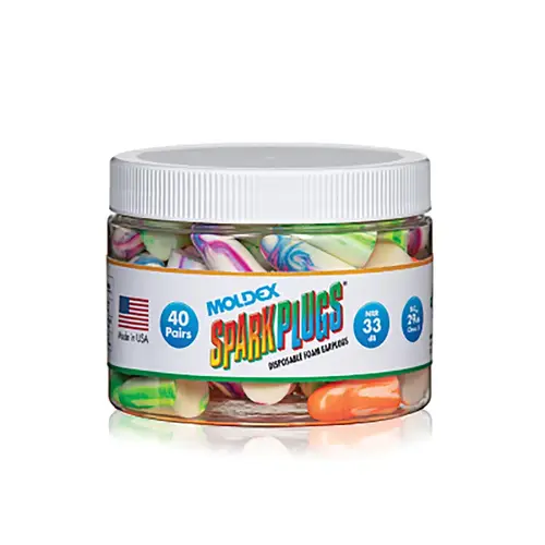 Earplug Canister, SparkPlugs , Foam, Assorted Colors/White with Swirls/Streaks, Disposable - 2 per pack x40 packs Earplug Canister, SparkPlugs , Foam, Assorted Colors/White with Swirls/Streaks, Disposable - 2 per pack x40 packs