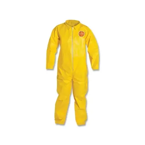 Tychem  2000 Coverall, Serged Seams, Collar, Zipper Front, Open Wrists and Ankles, Storm Flap, Yellow, 5X-Large - pack of 12