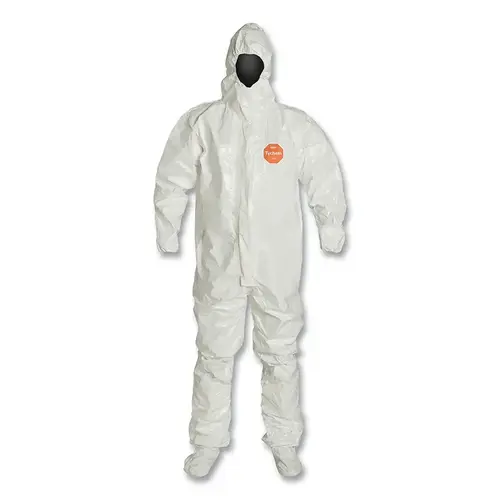 Tychem  4000 Coverall,Taped Seam, Attached Hood and Sock, Elastic Wrist, Boot Flap, Zipper Front, Storm Flap, White, Medium - pack of 6