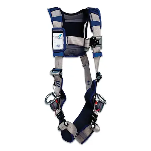 ExoFit STRATA Vest-Style Positioning Harness, Back and Hip D-Rings, Medium, Tri-lock Revolver Quick Connect Blue/Gray ExoFit STRATA Vest-Style Positioning Harness, Back and Hip D-Rings, Medium, Tri-lock Revolver Quick Connect Blue/Gray