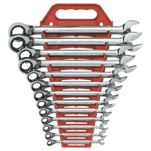13 Pc Reversible Combination Ratcheting Wrench Sets, 12 Point, SAE Full Polish Chrome 13 Pc Reversible Combination Ratcheting Wrench Sets, 12 Point, SAE Full Polish Chrome