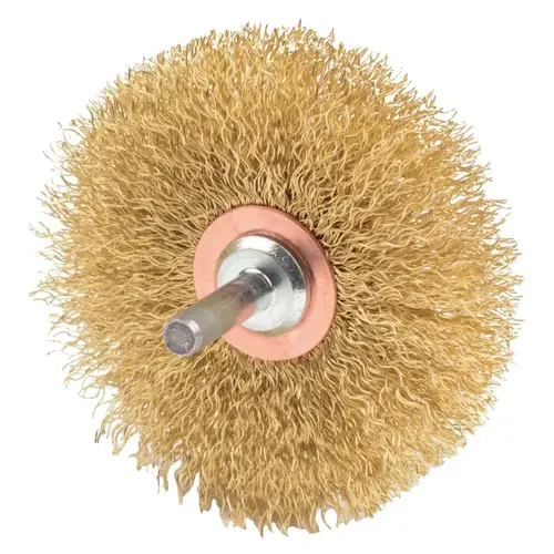 Stem-Mounted Narrow Conflex Brush, 3 in dia x 1/2 in W Face, 0.0118 in Brass Wire, 20000 RPM, 1/4 in Stem Stem-Mounted Narrow Conflex Brush, 3 in dia x 1/2 in W Face, 0.0118 in Brass Wire, 20000 RPM, 1/4 in Stem