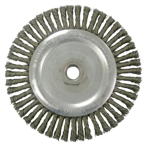Wolverine Knot Wire Wheel, Stringer Bead Twist, 6 in dia x 1/4 in W Face, 5/8 in-11 UNC, 0.020 in Steel Wire, 12500 RPM - pack of 10 Wolverine Knot Wire Wheel, Stringer Bead Twist, 6 in dia x 1/4 in W Face, 5/8 in-11 UNC, 0.020 in Steel Wire, 12500 RPM - pack of 10