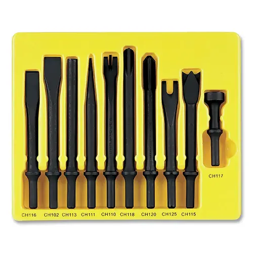 Impact Chisel, 0.401 in Shank, 0.12 in to 1.00 in Tip, 4.13 in to 7.50 in OAL, 10-Pc General Service Chisel Set Impact Chisel, 0.401 in Shank, 0.12 in to 1.00 in Tip, 4.13 in to 7.50 in OAL, 10-Pc General Service Chisel Set