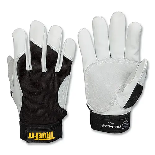 TrueFit  Leather-Palm Gloves, 1470, Top Grain Goatskin/Rough Side Out Goatskin Palm/Spandex BOH, Lg, Black/Pearl - 2 per pack x12 packs