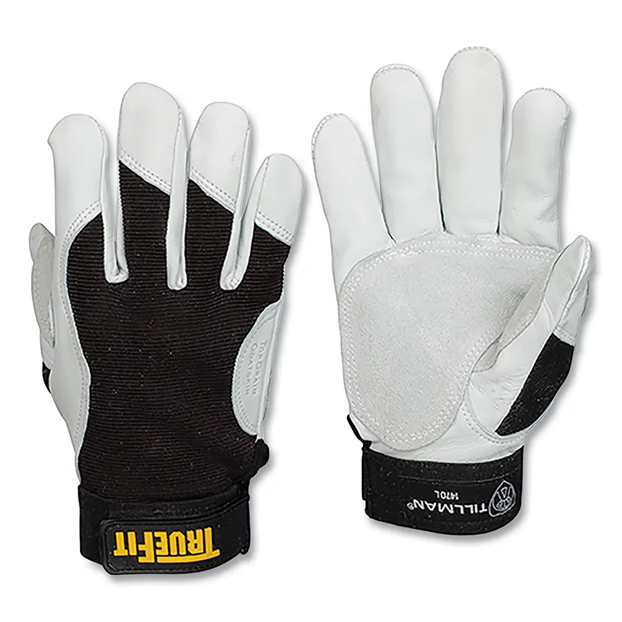 Tillman TrueFit Leather-Palm Gloves 1470 Top Grain Goatskin/Rough Side Out Goatskin Palm/Spandex BOH XL Black/Pearl 1470XL-XCP1 Tillman TrueFit Leather-Palm Gloves 1470 Top Grain Goatskin/Rough Side Out Goatskin Palm/Spandex BOH XL Black/Pearl 1470XL-XCP1