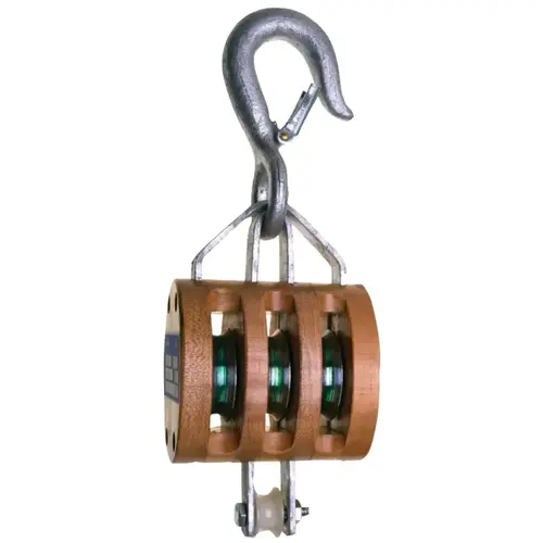 Manila Rope Regular Wood Shell Blocks, 3 Wheels, 1,800 lb, 1/2 in Cable