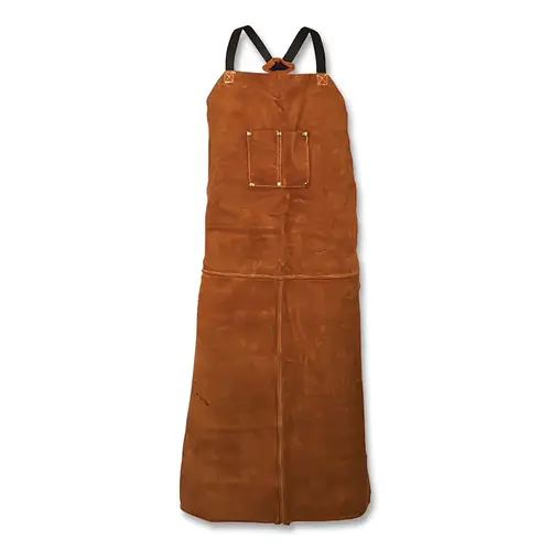 Cowhide Bib Apron, 3848, Two Chest Pockets, Cotton Crossed Back Straps, 24 in W x 48 in L, Dark Brown