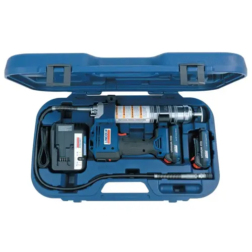 20-Volt Li-Ion Battery Grease Guns, 14 1/2 oz, 10,000 psi, 1/8 in NPT(F), Hose Blue 20-Volt Li-Ion Battery Grease Guns, 14 1/2 oz, 10,000 psi, 1/8 in NPT(F), Hose Blue