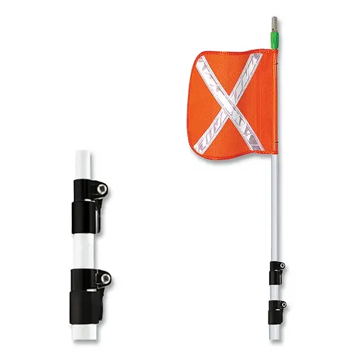 Warning Whips with Telescoping Pole, 16 in x 16 in Org Flag w/Refl Wh X, Lighted, 10 ft Whip, Light/Base Sold Separately Warning Whips with Telescoping Pole, 16 in x 16 in Org Flag w/Refl Wh X, Lighted, 10 ft Whip, Light/Base Sold Separately