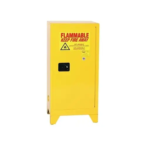 Flammable Liquid Storage Cabinet, Tower Space Saver, Self-Close Door, 16 gal Cap, Yellow, Incl Adj 4-in Legs Flammable Liquid Storage Cabinet, Tower Space Saver, Self-Close Door, 16 gal Cap, Yellow, Incl Adj 4-in Legs