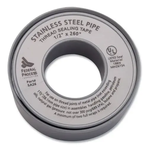 PTFE Thread Tape, 260 in L, 1/2 in W, 4.3 mil, High Density, Silver