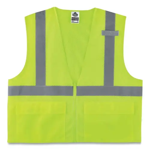 GloWear  Safety Vest, 8220Z, Mesh, Class 2, Type R, Reflective Strip, 3 Pockets, Zipper, 2X-Large/3X-Large, Lime