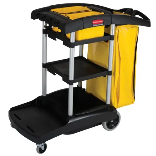 Industrial High Capacity Storage Janitorial Cart with Wheels/Casters, Two Caddies & Zippered Yellow Bag, Black Industrial High Capacity Storage Janitorial Cart with Wheels/Casters, Two Caddies & Zippered Yellow Bag, Black