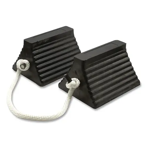 General-Purpose Rubber Wheel Chock, 10.13 in L x 15 in W x 5.5 in H, Black, Includes 24 in Rope Paired/Cored Bottom General-Purpose Rubber Wheel Chock, 10.13 in L x 15 in W x 5.5 in H, Black, Includes 24 in Rope Paired/Cored Bottom