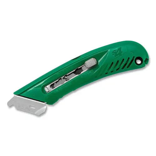 S4  Guarded Safety Knife, S4SR, Auto-Retracting, Button, Right-Handed, Plastic, Holds 5 Additional Blades, Green - pack of 12