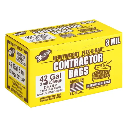 FLEX-O-BAG  Contractor Bag, 42 gal, 3 mil Thick, 33 in W x 48 in H, Black