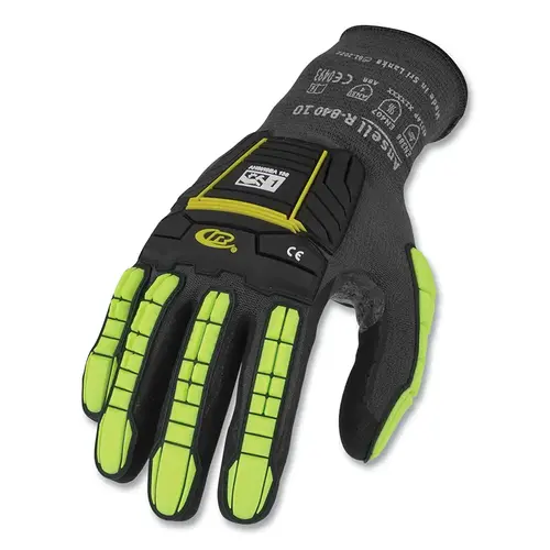 R840 Light-Duty Palm Coated/TPR Impact Protection Gloves, Size 10, Black/Green-Yellow - 2 per pack x4 packs