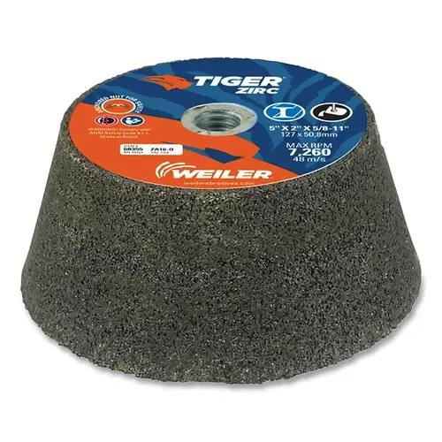 Tiger  Flaring Cup Wheel, 5 in/3-3/4 in dia x 2 in Thick x 5/8 in-11 Arbor, 1 in Rim, 16 Grit, ZTA, Type 11, 5 EA/BX Brown - pack of 5