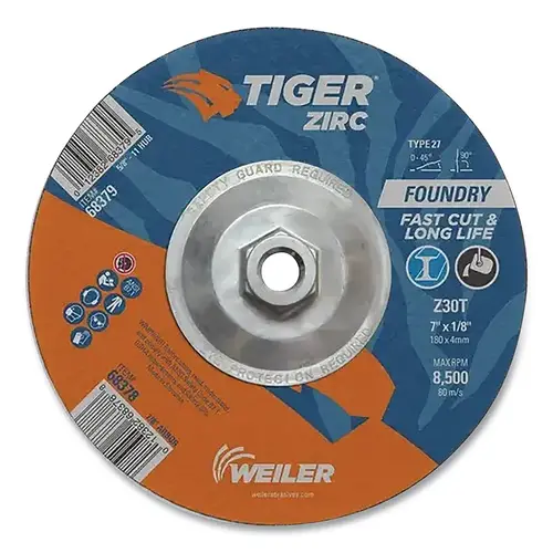 Tiger  Grinding Wheel, Combo, 7 in dia x 1/8 in Thick x 5/8 in-11 Arbor, 30 Grit, Zirconia Alumina, Type 27, 10 EA/BX Black - pack of 10
