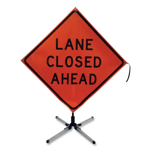 Quadra Flex Roll-Up Lane Closed Ahead Sign, Fluorescent Orange, 48 in L + 48 in W Quadra Flex Roll-Up Lane Closed Ahead Sign, Fluorescent Orange, 48 in L + 48 in W