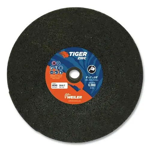 Tiger Snagging Wheel, 8 in dia x 1 in Thick x 5/8 in Arbor, 16 Grit, Zirconia Alumina, Type 1, 5 EA/BX Brown - pack of 5 Tiger Snagging Wheel, 8 in dia x 1 in Thick x 5/8 in Arbor, 16 Grit, Zirconia Alumina, Type 1, 5 EA/BX Brown - pack of 5