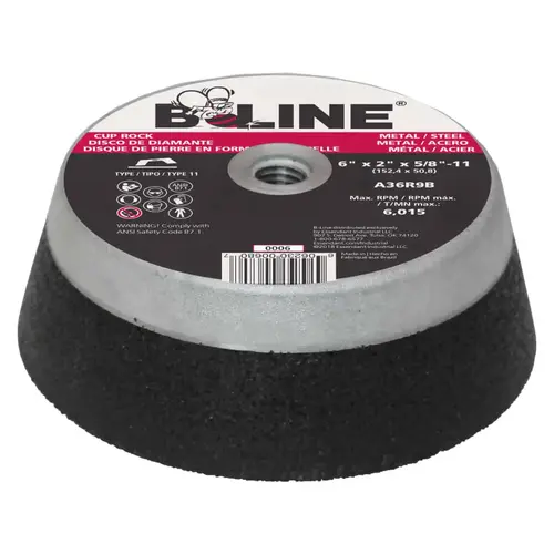 Cup Wheel, 6 in dia, 2 in Thick, 5/8 in-11 Arbor, 36 Grit, Alum Oxide Black - pack of 8