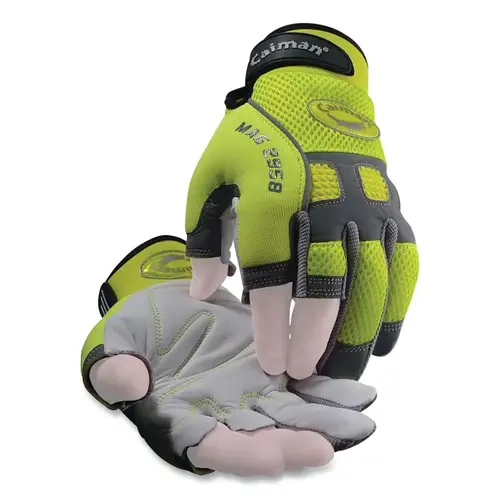 2958 Sheep Grain Hi-Vis Reflective Back 3-Partial Fingerless Leather Palm Mechanics Gloves, Large, Hi-Vis Lime/Gray - 2 per pack x6 packs