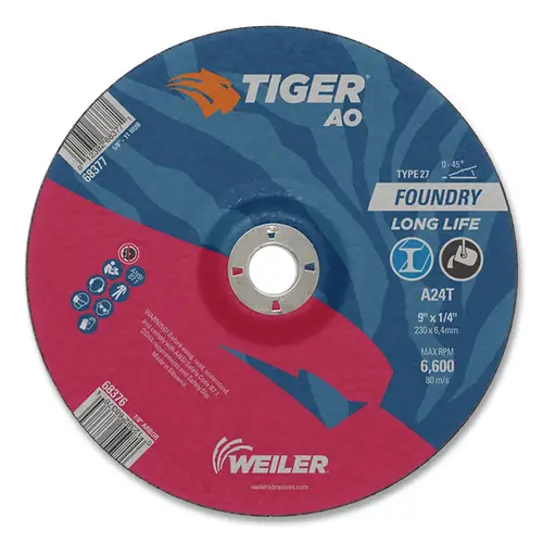 Tiger Grinding Wheel, 9 in dia x 1/4 in Thick x 7/8 in Arbor, 24 Grit, Aluminum Oxide, Type 27, 10 EA/BX Black - pack of 10 Tiger Grinding Wheel, 9 in dia x 1/4 in Thick x 7/8 in Arbor, 24 Grit, Aluminum Oxide, Type 27, 10 EA/BX Black - pack of 10